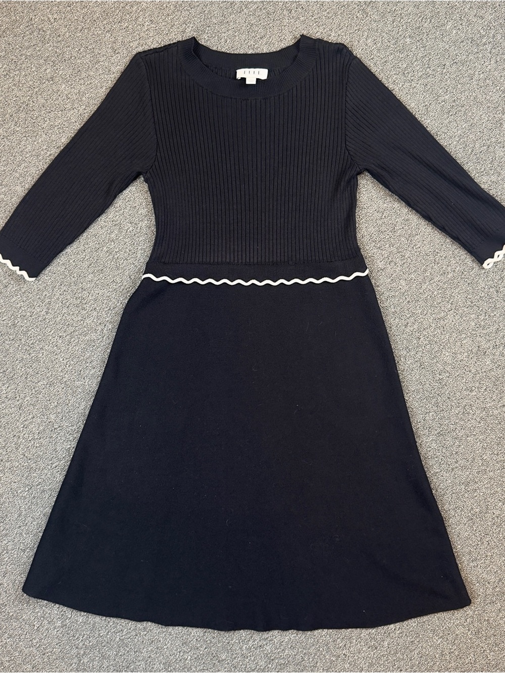 Elle Black Knit Sweater Dress with White Scallop Trim